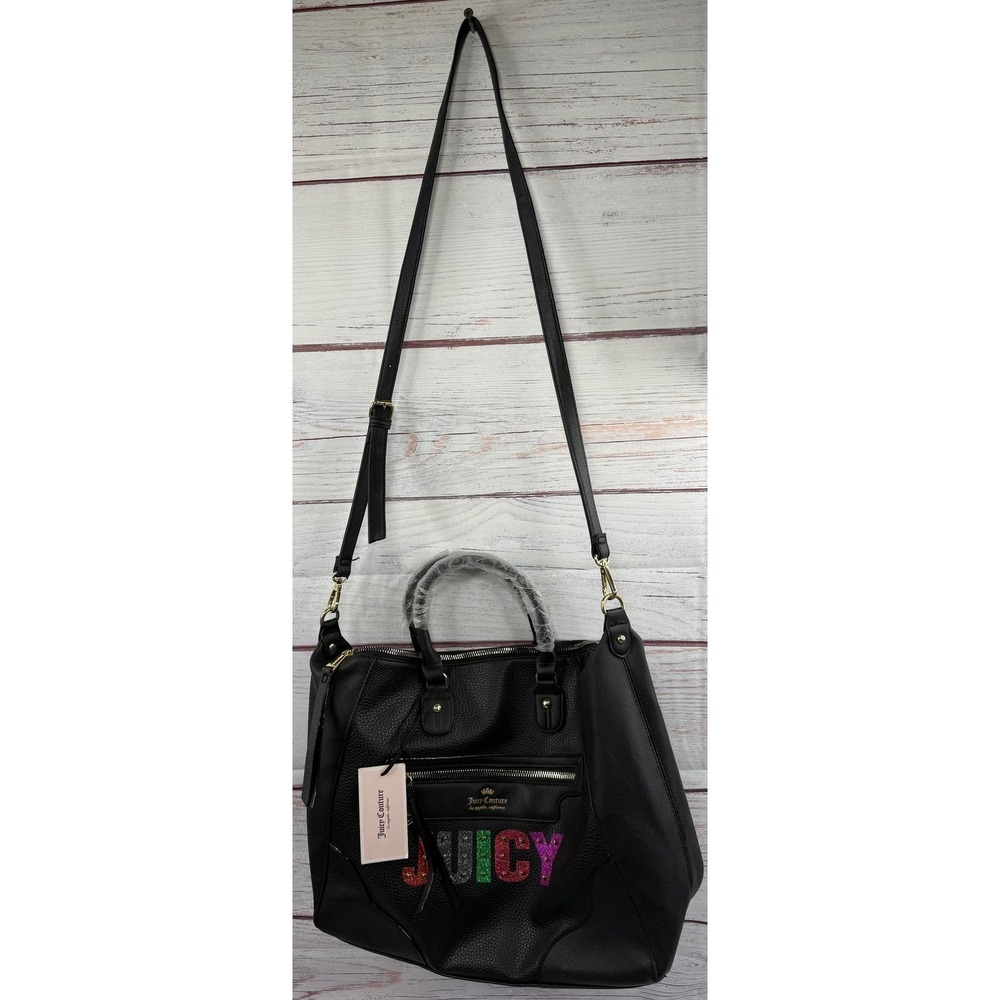 Juicy Couture Black Pebbled Satchel Crossbody Bag Multi Glitter Logo NWT - Picture 3 of 12